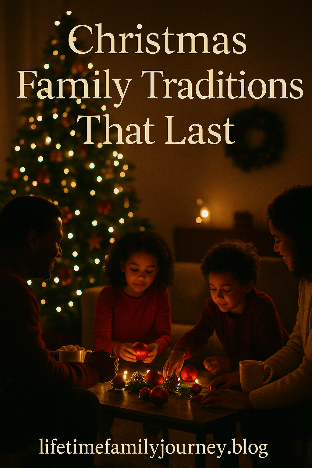 Christmas family traditions Pinterest image showing a family gathered around a glowing Christmas tree.