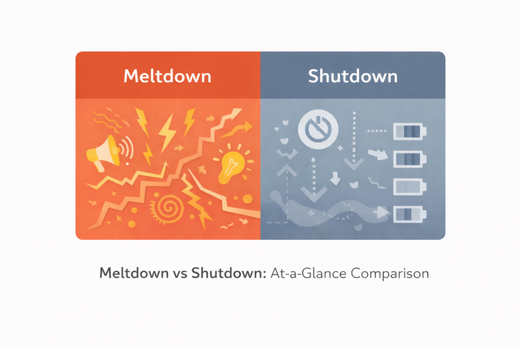 Visual comparison of autism meltdown versus shutdown nervous system responses