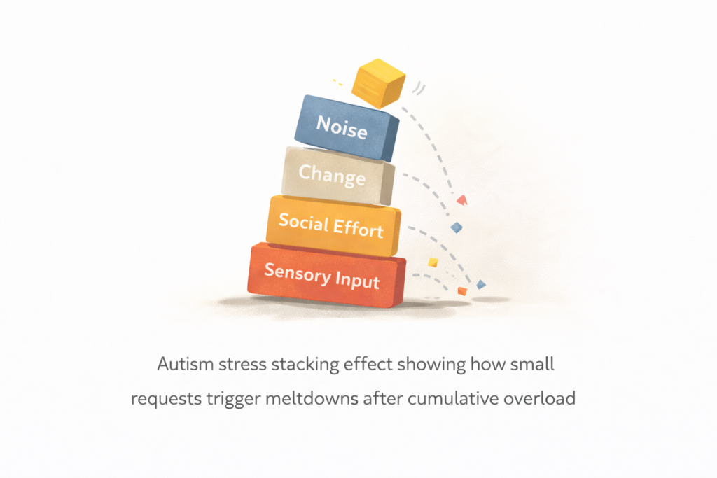 Autism stress stacking effect showing how small triggers cause meltdowns after cumulative overload