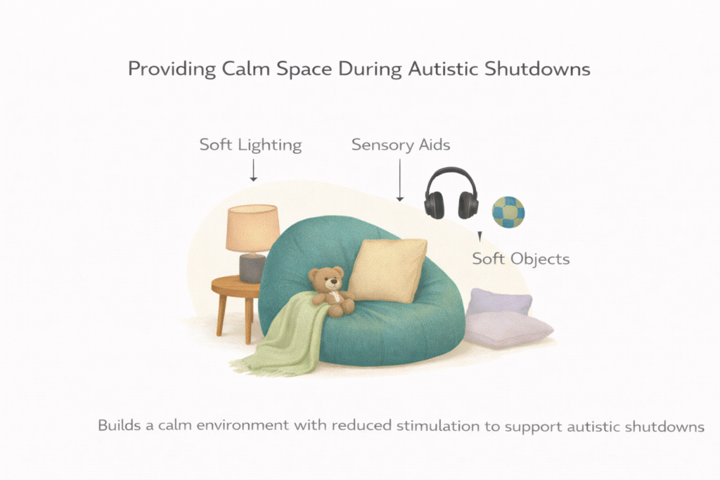 Calm space setup for autistic children supporting recovery from meltdowns and shutdowns