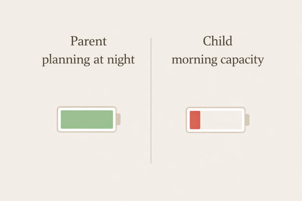 Minimalist infographic comparing parent planning energy at night with child morning capacity using full and low battery icons.