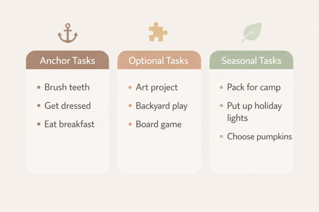 Simple diagram showing three types of family routine tasks labeled anchor tasks, optional tasks, and seasonal tasks.