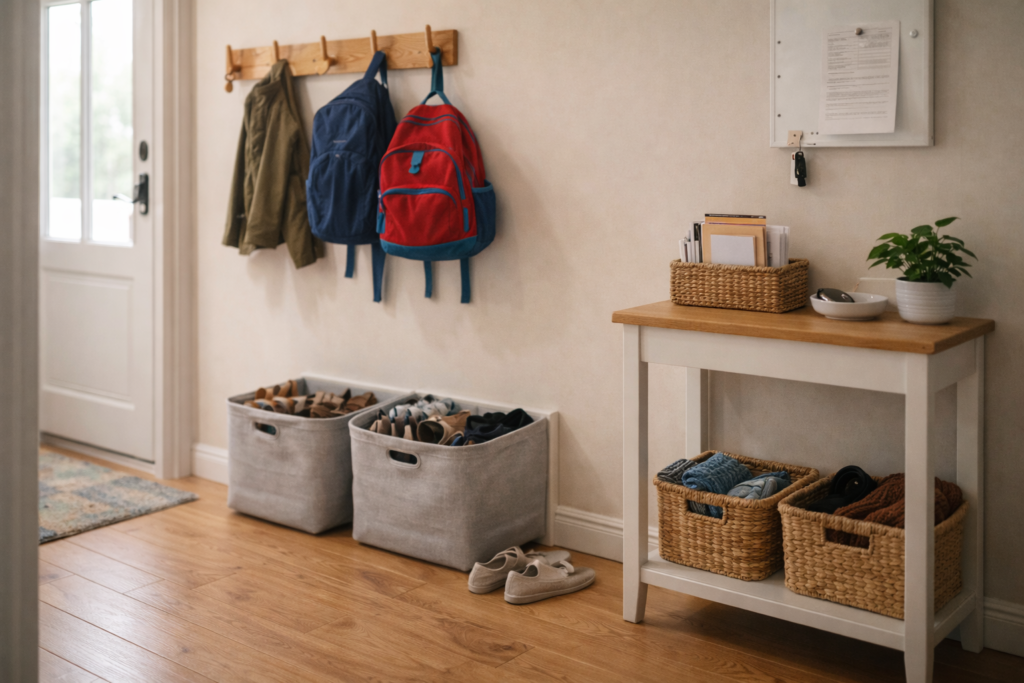 Family entryway drop zone with hooks at different heights, shoe bins, and mail sorting area