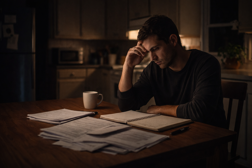 Overwhelmed parent sitting alone at a kitchen table at night with bills and notes, representing hidden family stress, pressure, and mental load.
