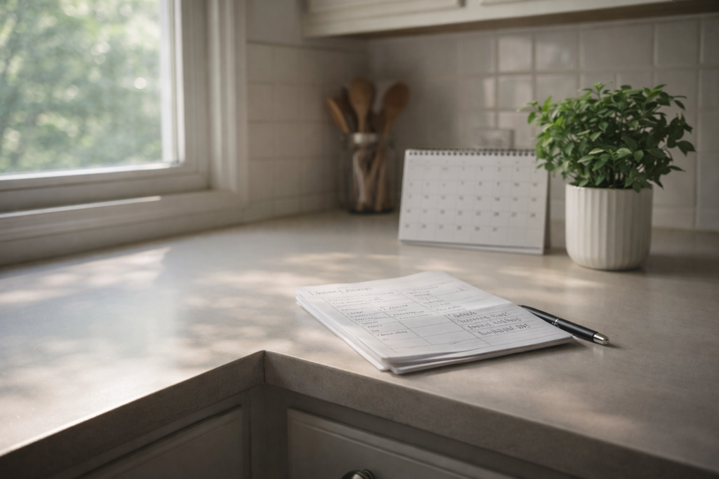 Handwritten weekly family plan on a kitchen counter in soft morning light, representing structure, routines, and systems that reduce family stress.