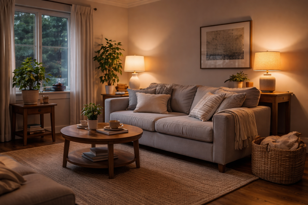 Peaceful family living room at night with soft lighting and an orderly space, symbolizing emotional recovery, repair, and family reset after stress.