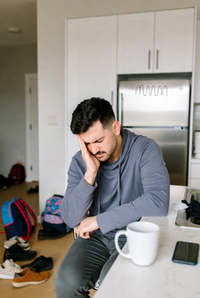 xhausted dad parent resting head on hand at kitchen table, overwhelmed by endless parenting tasks and feeling constant burnout