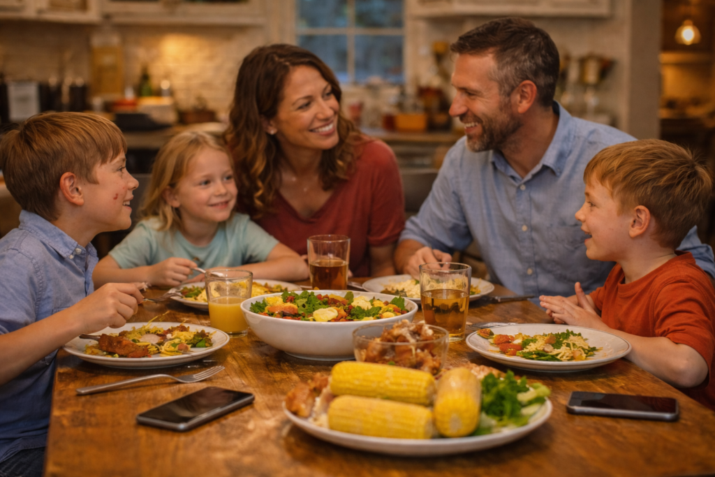 Family talking together during dinner without phones
