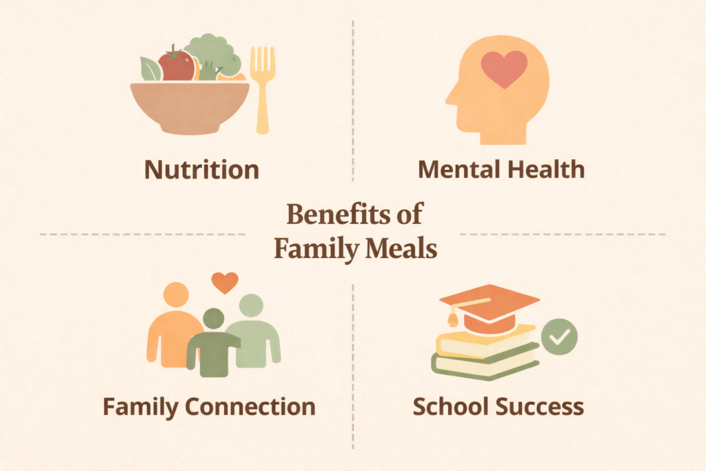 Infographic showing benefits of family meals including nutrition and mental health