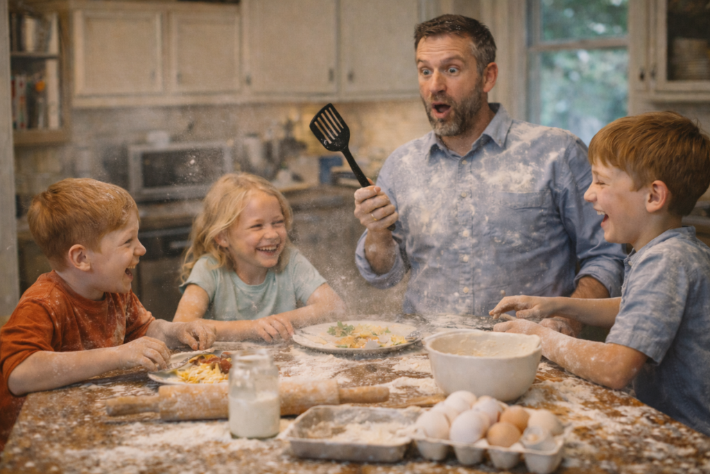 Dad cooking with kids in messy kitchen full of flour and laughter