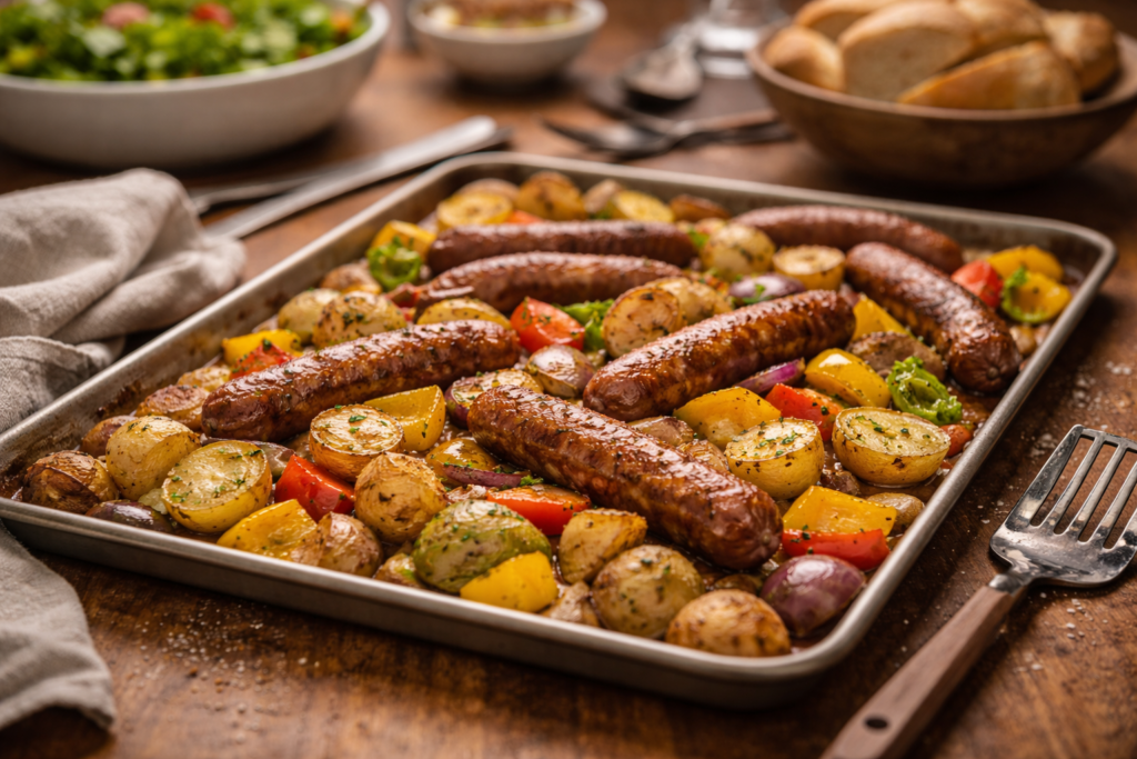 Sheet pan sausage and vegetables prepared for large family dinner