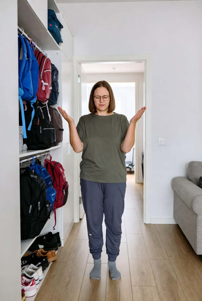 Frustrated parent standing in front of organized kids' backpacks and shoes closet, feeling the weight of invisible parenting load and burnout despite everything being in place