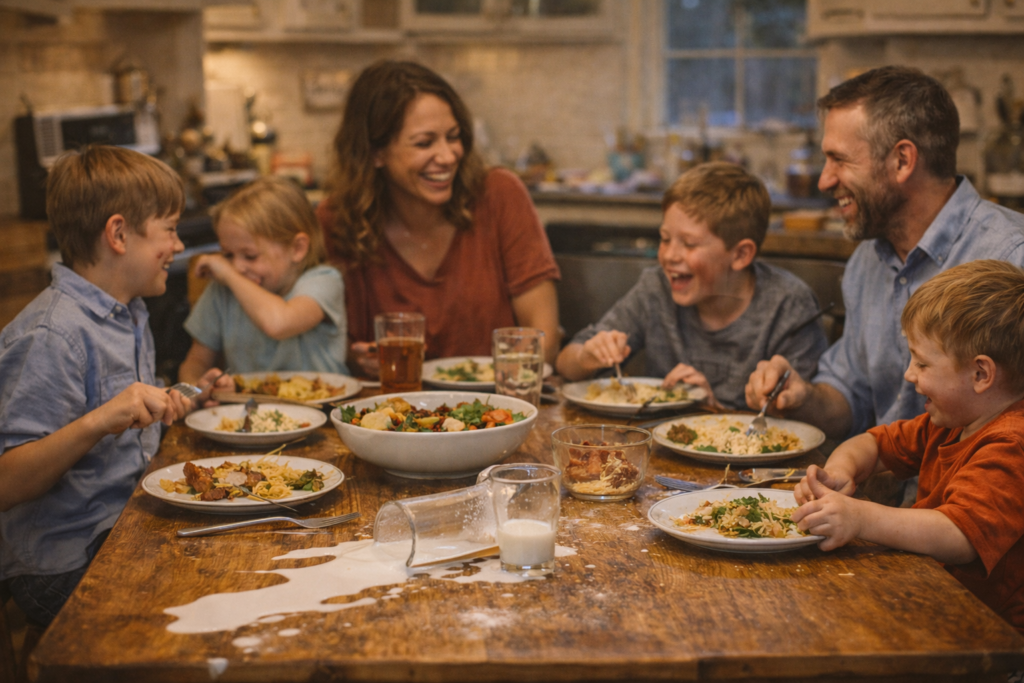 Large family dinner table with kids and parents sharing a chaotic but joyful meal